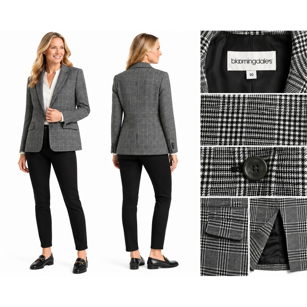 Bloomingdales Blazer Womens‎ 10 Gray Black Plaid Cashmere Single Button Classic